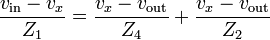 \frac{v_{\text{in}}-v_x}{Z_1}=\frac{v_x-v_{\text{out}}}{Z_4}+\frac{v_x-v_{\text{out}}}{Z_2}